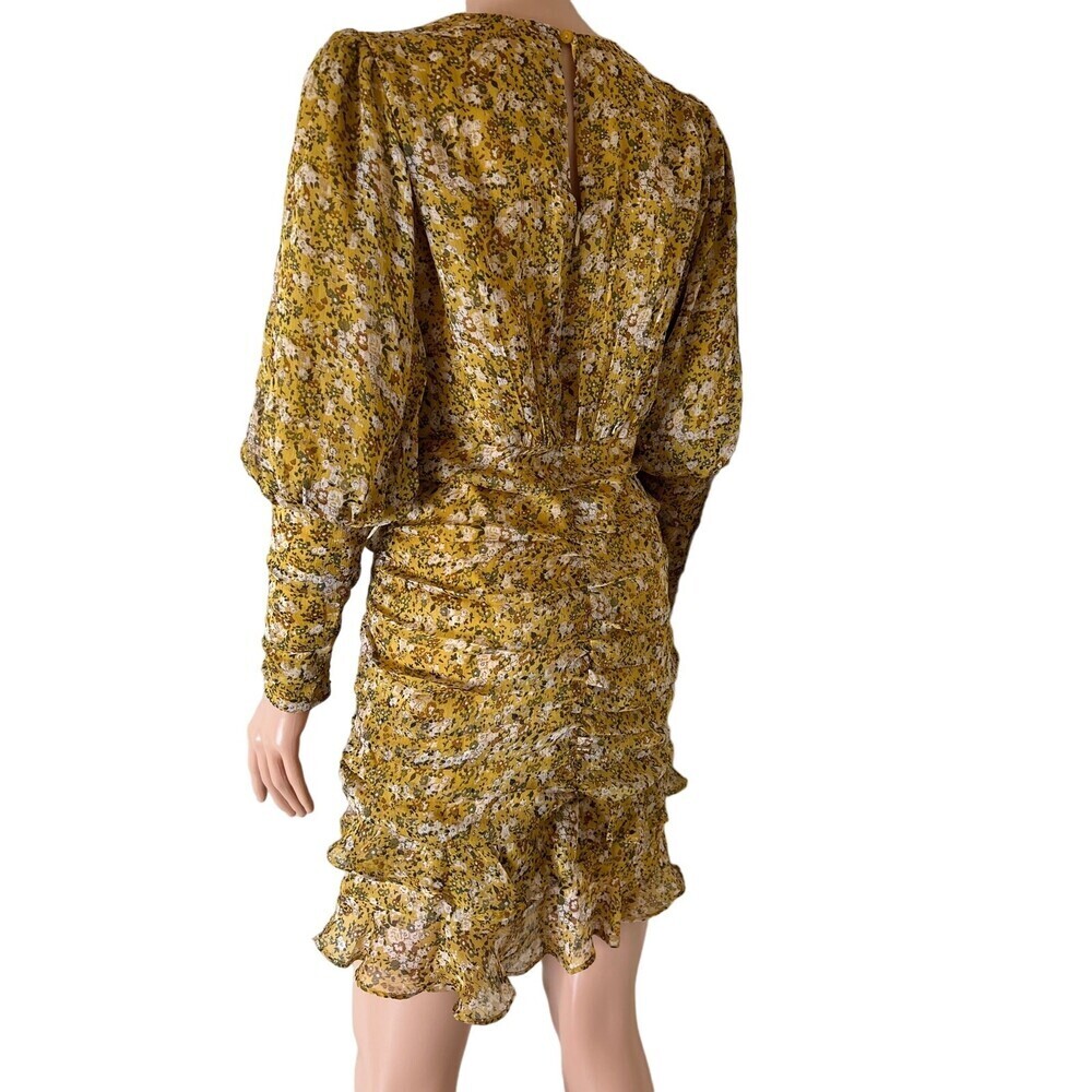 Astr MINI DRESS CLAREMORE yellow FLORAL RUCHED LONG PUFF SLEEVE  SZ SM ruffled - Picture 3 of 7